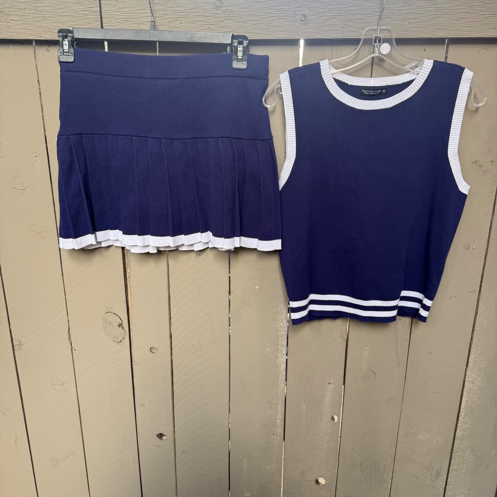 Emerson Lang Blue Knit 2 Piece Set Vest and Pleated Mini Skirt XL Preppy Acadmia